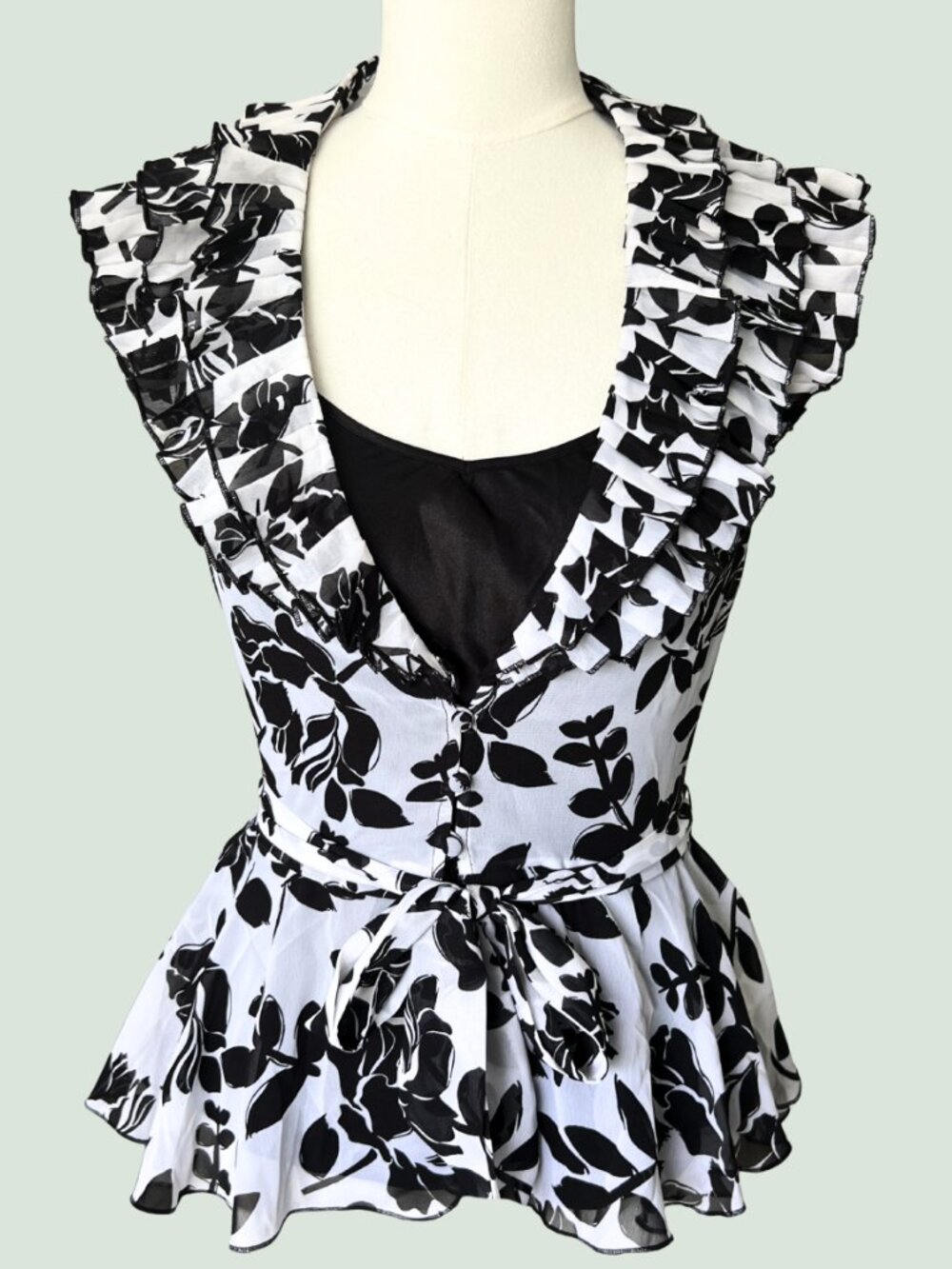 Black White Ruffle Tie Waist Blouse